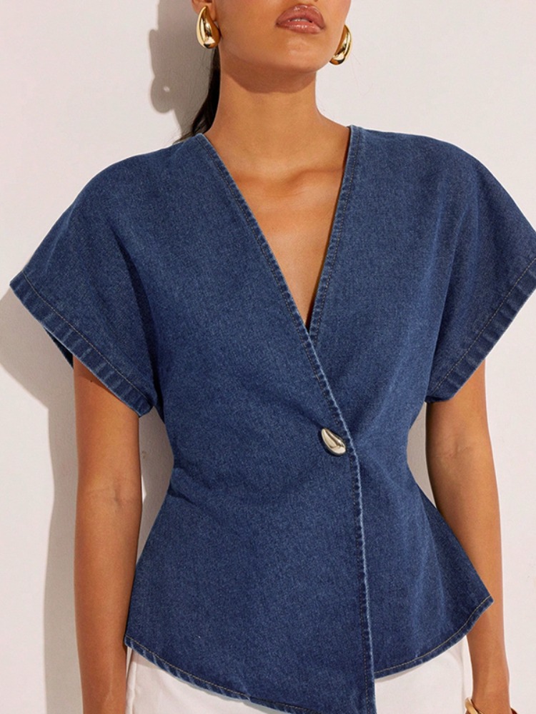 Summer Clothing Wraps - بلوزة نسائية من الدنيم الأزرق الداكن